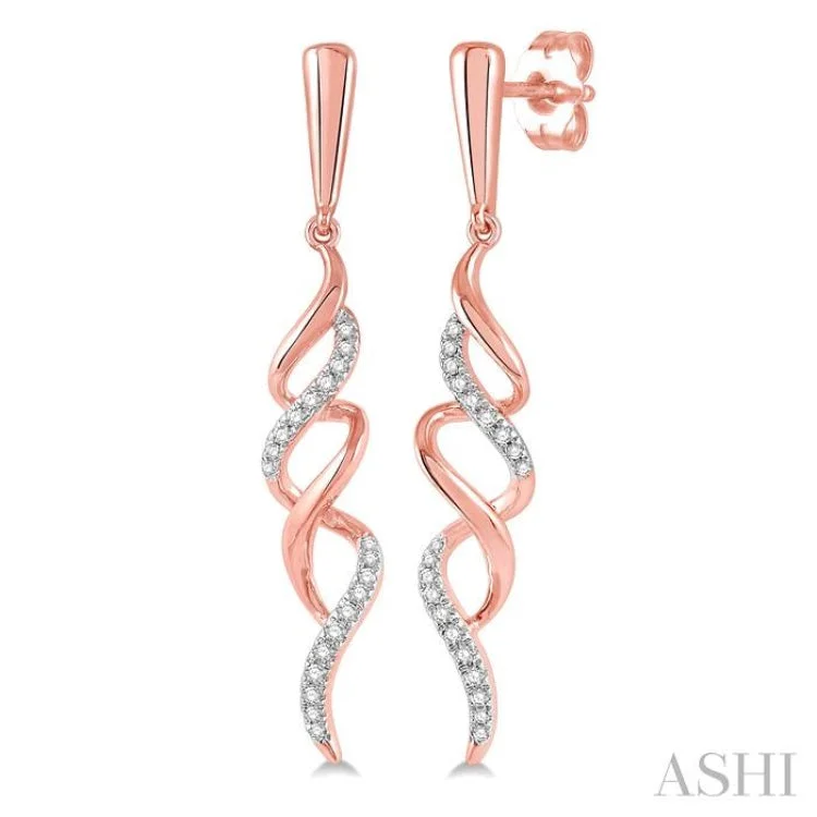 Women’s engagement earrings-1/6 Ctw Ribbon Swirl Round Cut Diamond Long Earring in 10K Rose Gold