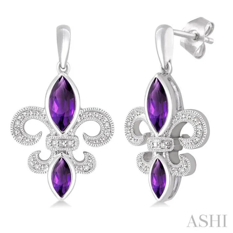 Women’s 14k gold earrings-8x4 MM Marquise Cut Amethyst, 6x3 MM Marquise Cut Amethyst and 1/20 Ctw Round Cut Diamond Fleur De Lis Earrings in Sterling Silver