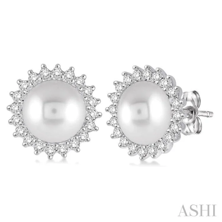 Women’s boho chic earrings-7x7 MM Cultured Pearls and 1/4 Ctw Round Cut Diamond Earrings in 14K White Gold