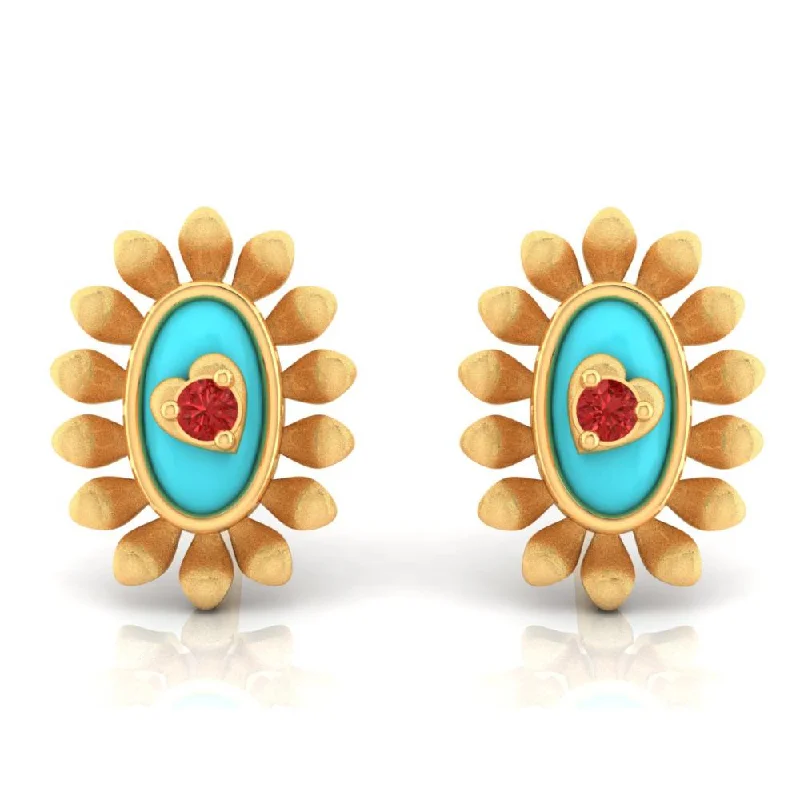 Women’s colorful earrings-18k Sunflower Designed Gold Earrings With A Heart In The Center