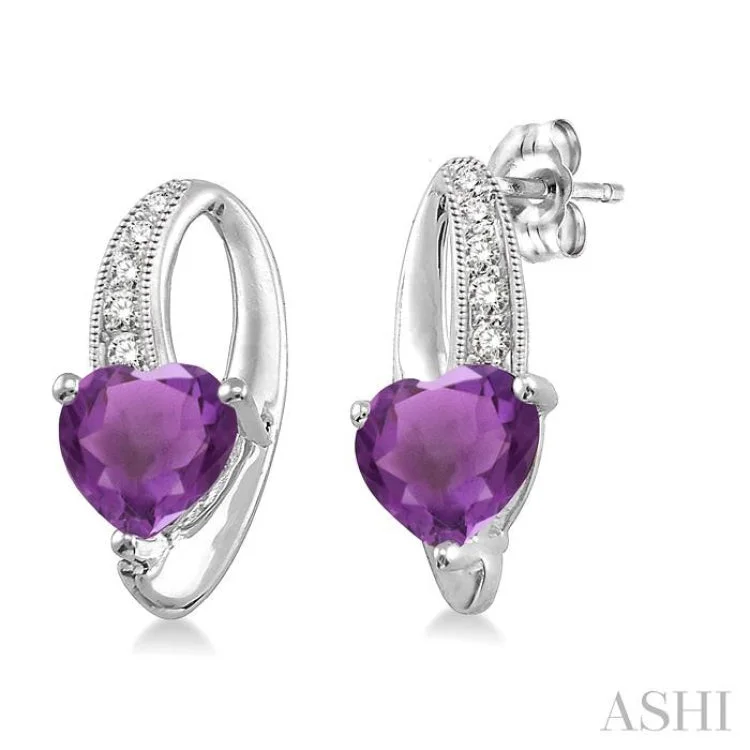 Women’s crystal earrings-7x7 mm Heart Shape Amethyst and 1/20 ctw Single Cut Diamond Earrings in Sterling Silver