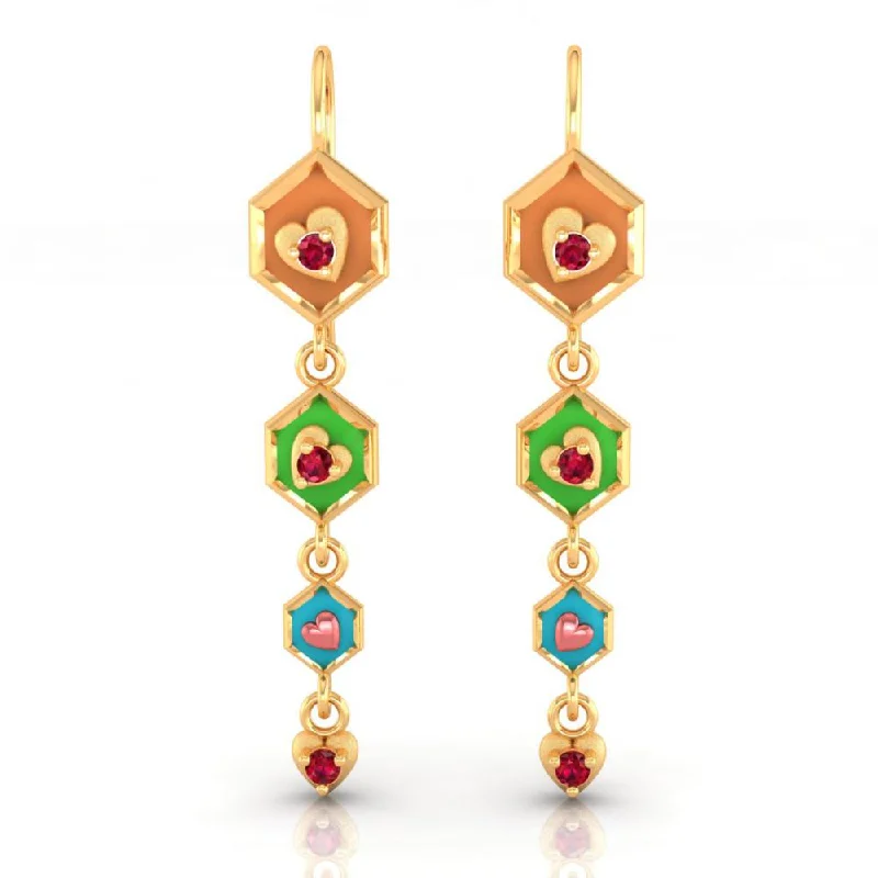 Women’s gold dangling earrings-18k Gold Earrings With Hexagonal Shapes And A Heart Drop