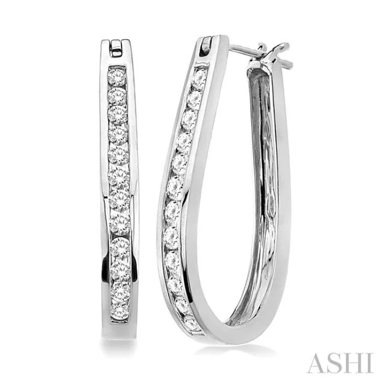 Women’s sparkling earrings-1/2 Ctw Channel Set Round Cut Diamond Hoop Earrings in 10K White Gold