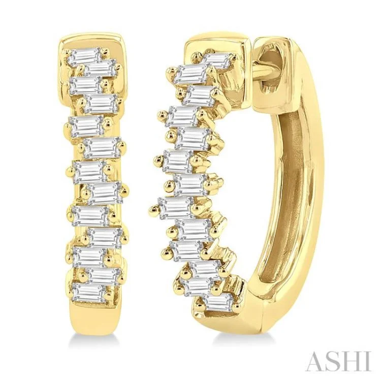 Women’s clip-on earrings-1/3 ctw Petite Scatter Baguette Cut Diamond Fashion Huggies in 10K Yellow Gold