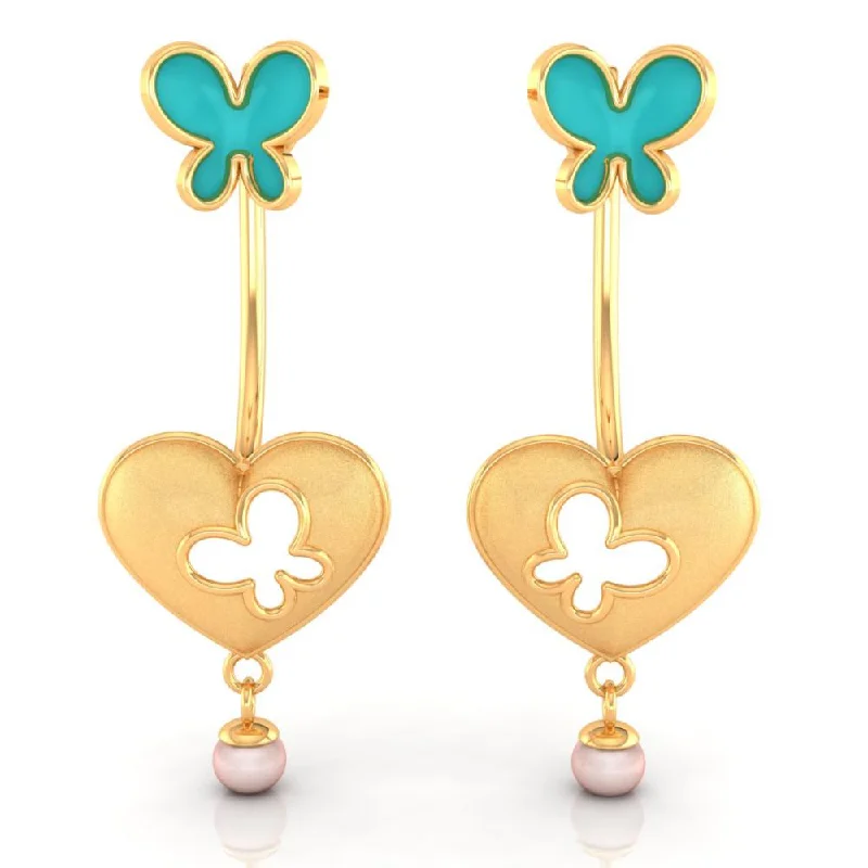 Women’s handcrafted earrings-18k Heart-shaped Dangler Gold Earrings With Butterflies And Pearl Drop