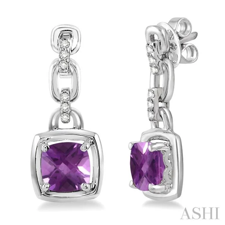 Women’s long dangling earrings-6x6MM Cushion Checker Amethyst and 1/10 Ctw Single Cut Diamond Earrings in Sterling Silver