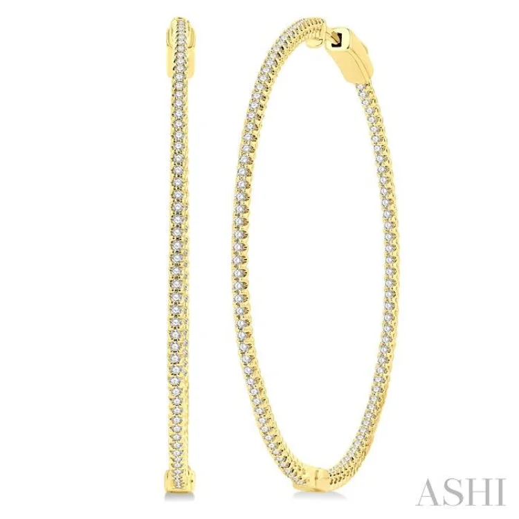 Women’s gold dangling earrings-1 Ctw Inside-Out Round Cut Diamond 1 3/4 Inch Hoop Earrings in 14K Yellow Gold