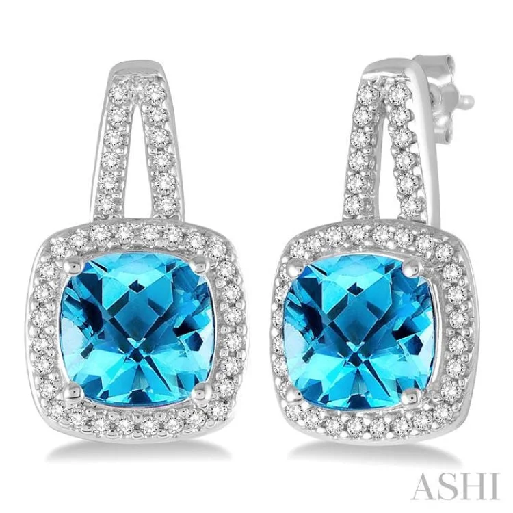 Women’s pearl drop earrings-7x7 MM Cushion Cut Blue Topaz and 1/4 Ctw Round Cut Diamond Earrings in 10K White Gold