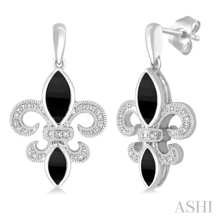 Women’s funky earrings-8x4 MM Marquise Cut Onyx, 6x3 MM Marquise Cut Onyx and 1/20 Ctw Round Cut Diamond Fleur De Lis Earrings in Sterling Silver