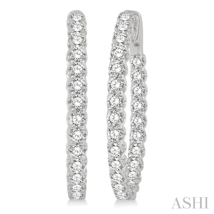 Women’s geometric earrings-4 Ctw Inside-Out Round Cut Diamond Oval Shape Hoop Earrings in 14K White Gold