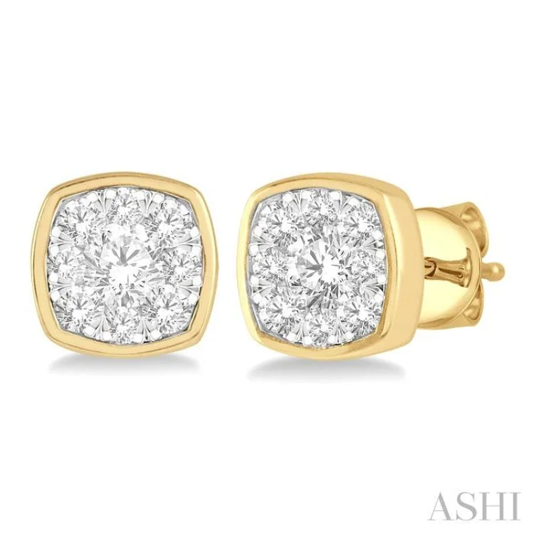 Women’s engagement earrings-1/2 ctw Cushion Shape Round Cut Diamond Lovebright Bezel Stud Earring in 14K Yellow and White Gold