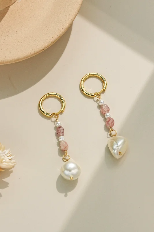 Women’s statement stud earrings-Celestial Blush Strawberry Quartz Pearl Earrings