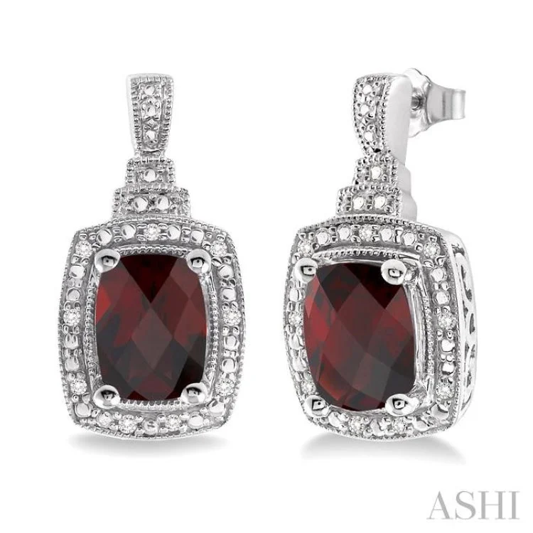 Women’s luxury earrings-8x6MM Cushion Cut Garnet and 1/10 Ctw Single Cut Diamond Earrings in Sterling Silver