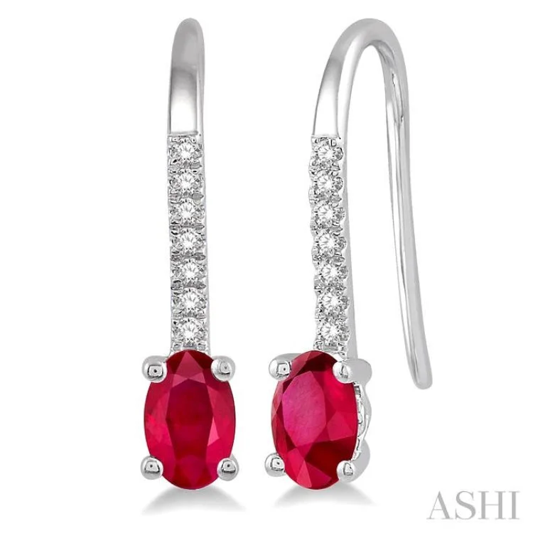 Women’s anniversary earrings-1/20 Ctw Round Cut Diamond and Oval Cut 5x3mm Ruby Precious Earrings in 10K White Gold