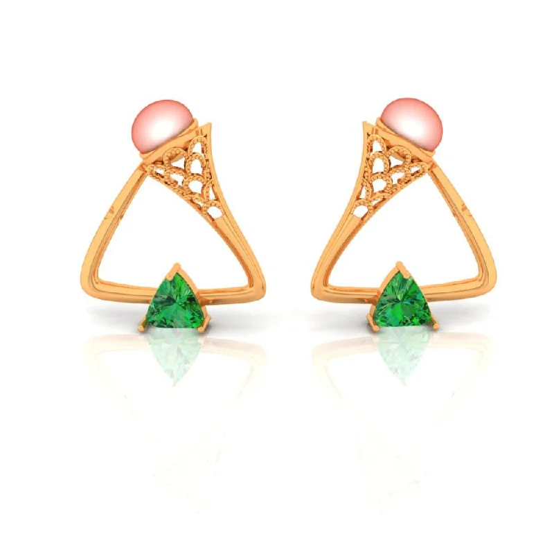 Women’s flower earrings-18k Triangle Gold Earrings With A Shiny Green Stone