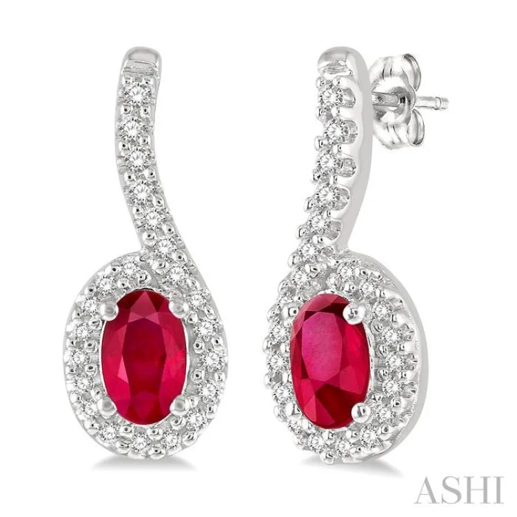 Women’s heart-shaped earrings-1/6 Ctw Hanging Arm 5X3MM Oval Cut Ruby and Round Cut Diamond Precious Earring in 10K White Gold