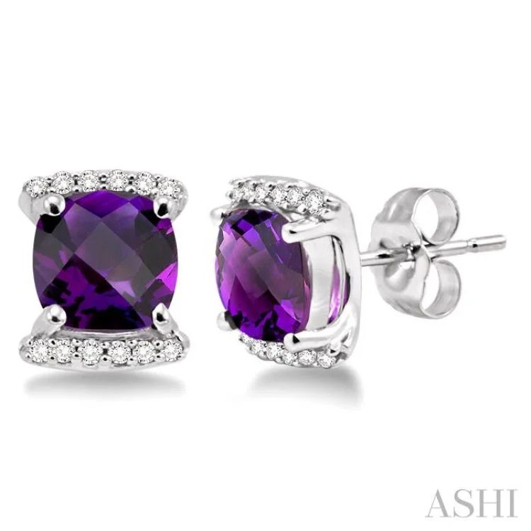 Women’s statement earrings-6x6MM Cushion Cut Amethyst and 1/10 Ctw Round Cut Diamond Earrings in 14K White Gold