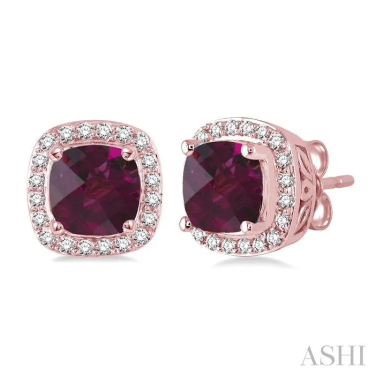 Women’s minimalistic silver earrings-6x6 mm Cushion Cut Rhodolite Garnet and 1/4 Ctw Round Cut Diamond Earrings in 14K Rose Gold