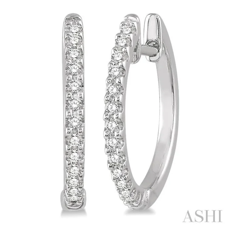 Women’s platinum earrings-1/5 Ctw Round Cut Diamond Hoop Earrings in 10K White Gold