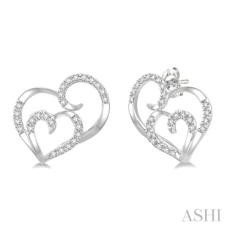 Women’s sterling silver drop earrings-1/6 Ctw Double Heart Round Cut Diamond Earrings in 10K White Gold