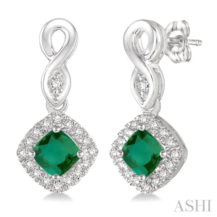 Women’s chandelier earrings-4x4 MM Cushion Cut Emerald and 1/5 Ctw Round Cut Diamond Earrings in 10K White Gold