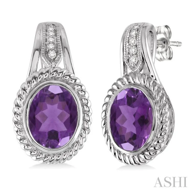 Women’s artistic earrings-9x7 MM Oval Cut Amethyst and 1/20 Ctw Single Cut Diamond Earrings in Sterling Silver