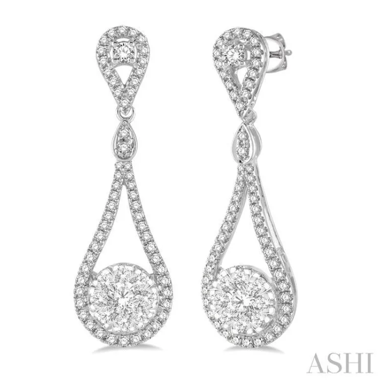 Women’s diamond and pearl earrings-1 Ctw Loop Dangler Round Cut Diamond Lovebright Hanging Earrings in 14K White Gold