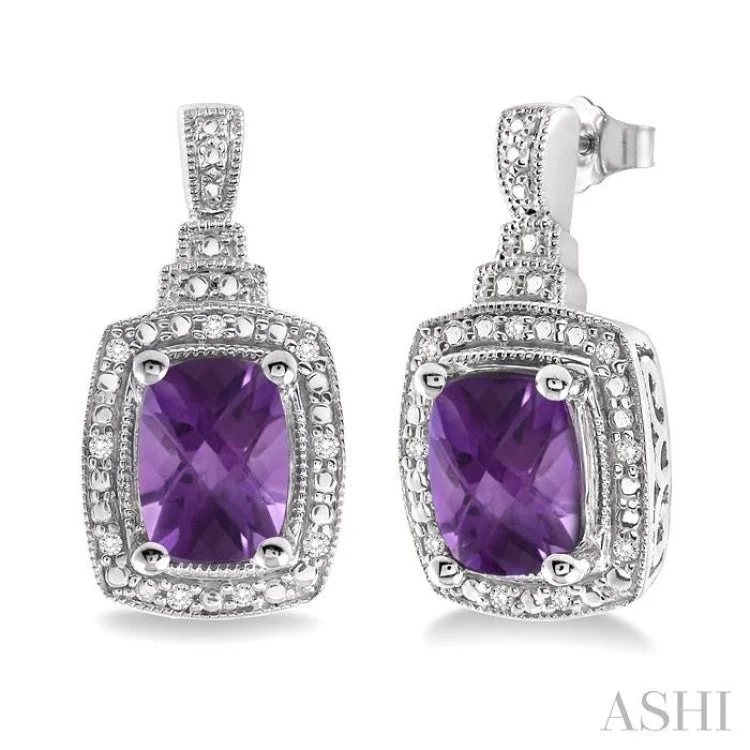 Women’s emerald earrings-8x6MM Cushion Cut Amethyst and 1/10 Ctw Single Cut Diamond Earrings in Sterling Silver