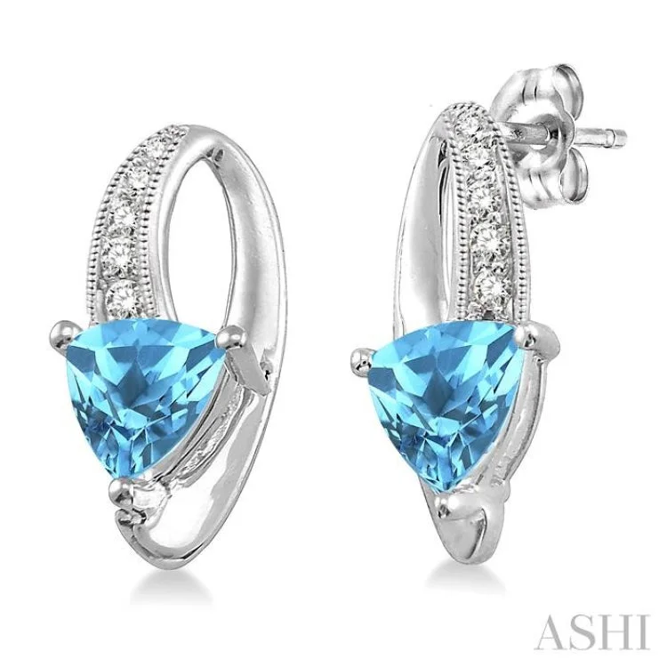 Women’s anniversary earrings-7x7MM Trillion Cut Blue Topaz and 1/20 Ctw Single Cut Diamond Earrings in Sterling Silver