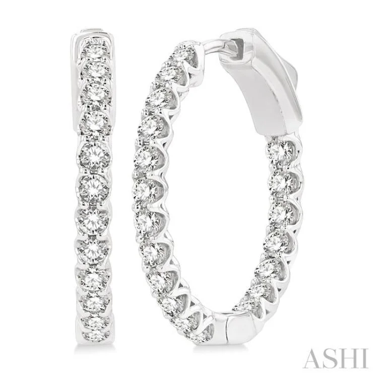 Women’s elegant earrings-1 Ctw Inside-Out Round Cut Diamond Hoop Earrings in 14K White Gold