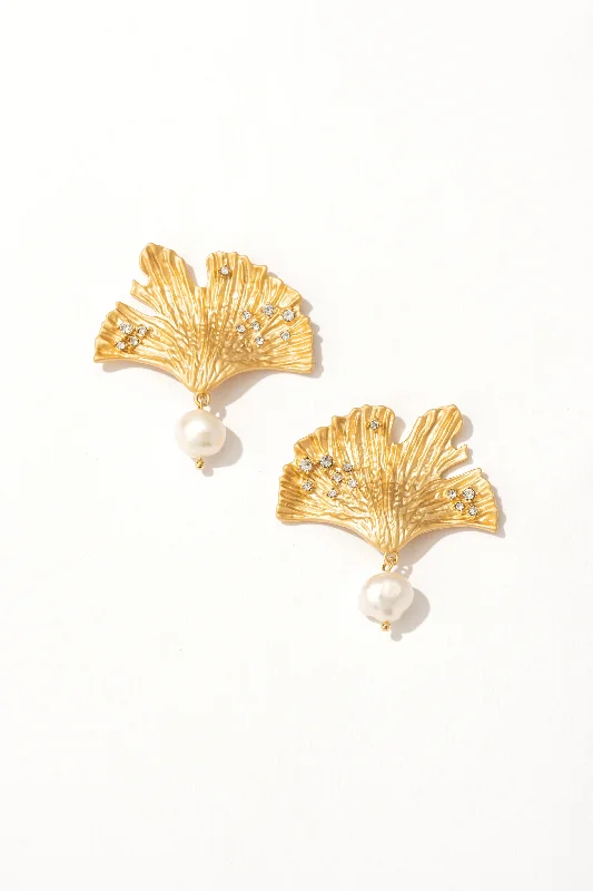 Women’s diamond and pearl earrings-Ginkgo Leaf Pearl Drop Earrings