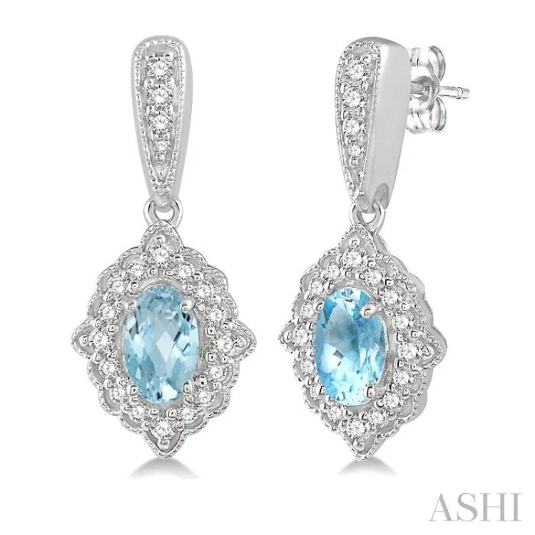 Women’s chic gold earrings-1/4 Ctw Oval Shape 5x3mm Aquamarine & Round Cut Diamond Semi Precious Earrings in 10K White Gold