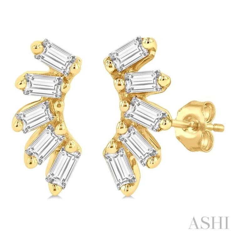 Women’s fashion earrings-1/6 Ctw Curved Petite Baguette Cut Diamond Fashion Stud Earring in 10K Yellow Gold