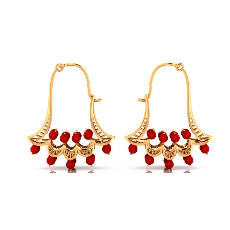 Women’s hoop earrings for weddings-18k Gold Earrings With Floral Designs And Red Stones