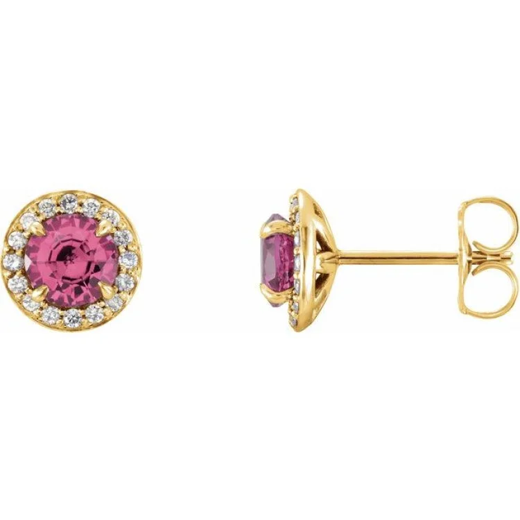 Women’s anniversary earrings-14K Yellow 3.5 mm Natural Pink Tourmaline & 1/8 CTW Natural Diamond Earrings