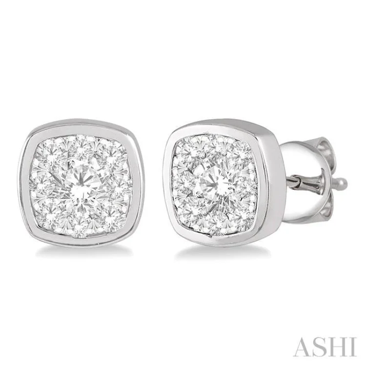 Women’s cute earrings-1/3 ctw Cushion Shape Round Cut Diamond Lovebright  Bezel Stud Earring in 14K White Gold