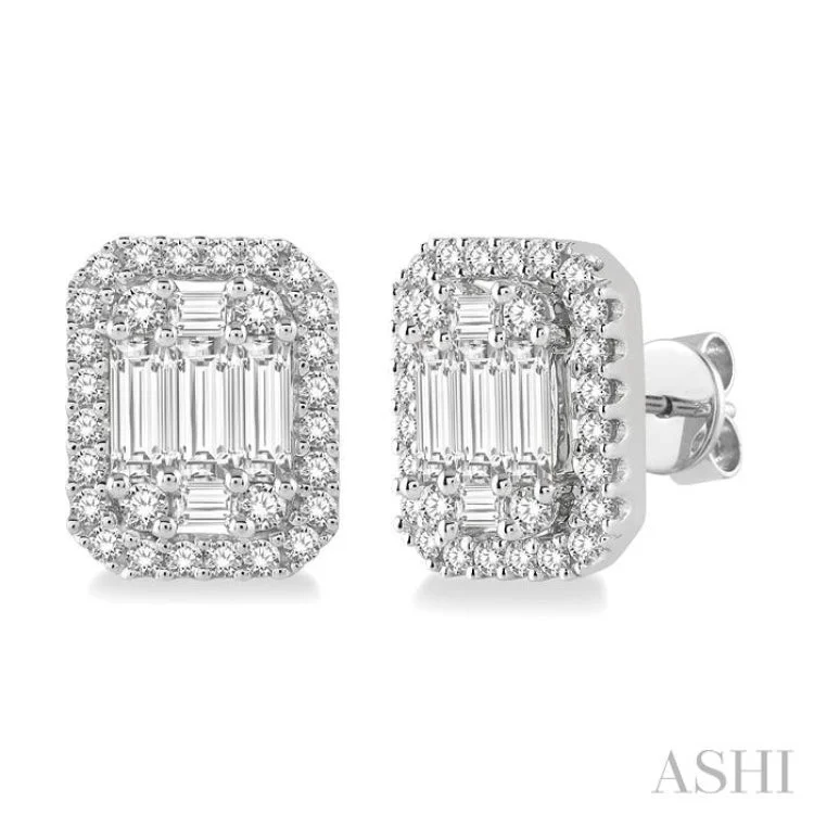 Women’s hoop earrings for weddings-5/8 Ctw Octagonal Baguette & Round Cut Diamond Stud Earrings in 14K White Gold