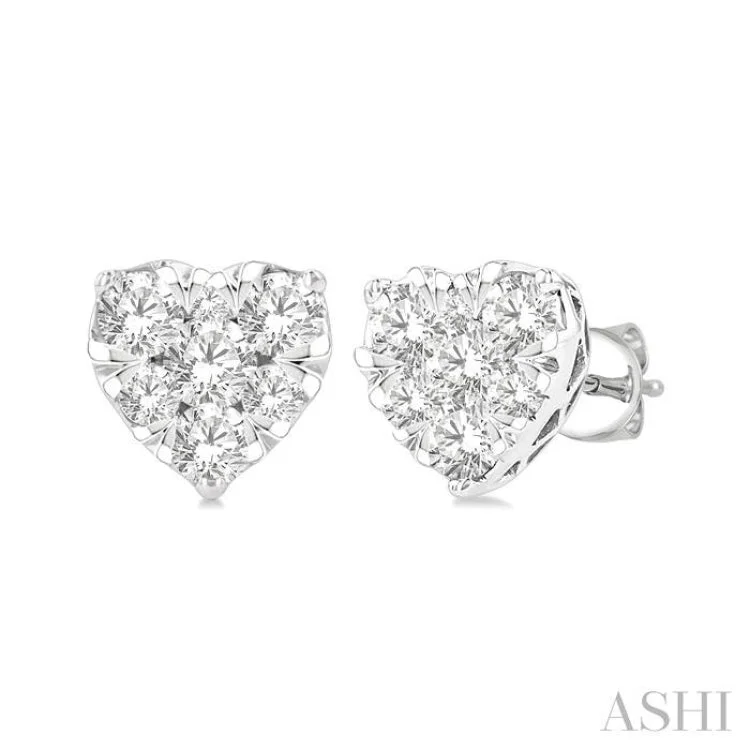 Women’s cubic zirconia earrings-1/2 ctw Heart Shape Lovebright Round Cut Diamond Stud Earring in 14K White Gold