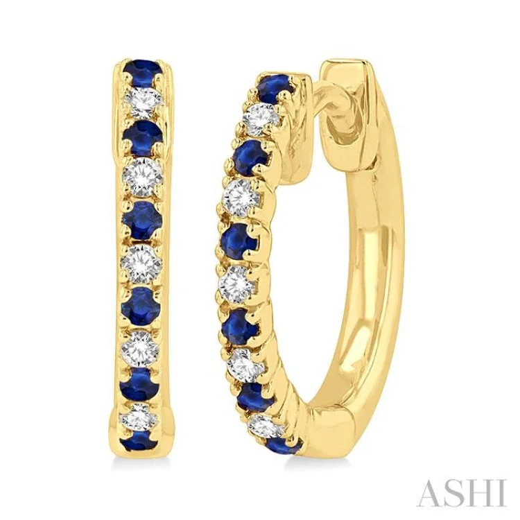 Women’s cute earrings-1/10 ctw Petite 1.35MM Sapphire and Round Cut Diamond Precious Fashion Huggies in 10K Yellow Gold