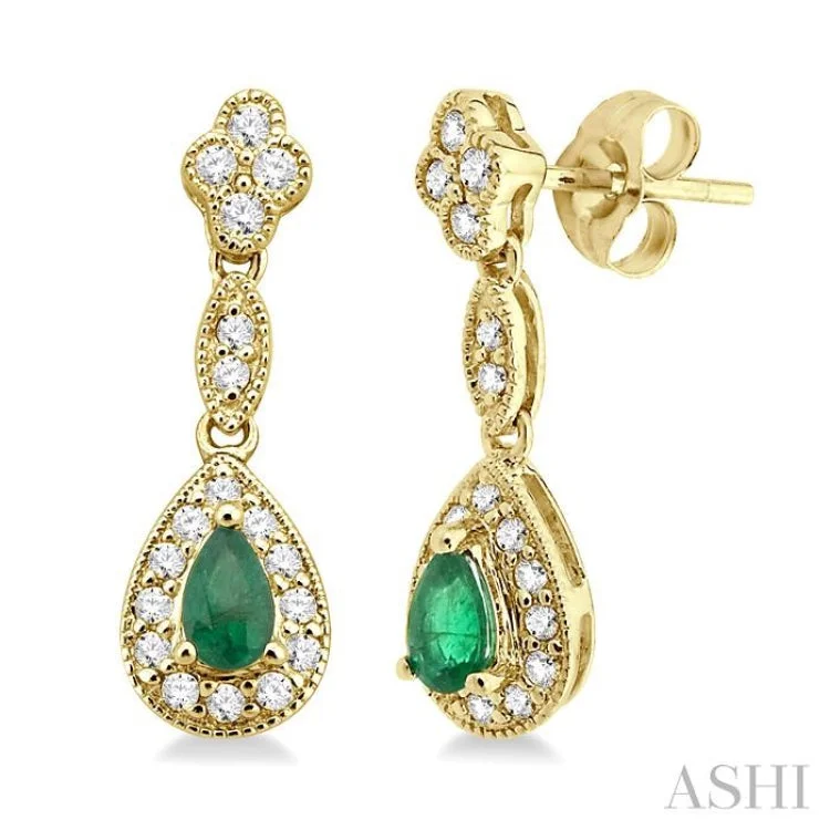 Women’s sapphire earrings-5x3MM Pear Shape Emerald and 1/3 Ctw Round Cut Diamond Earrings in 14K Yellow Gold