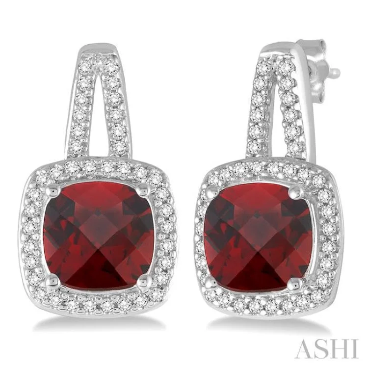 Women’s gold dangling earrings-7x7 MM Cushion Cut Garnet and 1/4 Ctw Round Cut Diamond Earrings in 10K White Gold