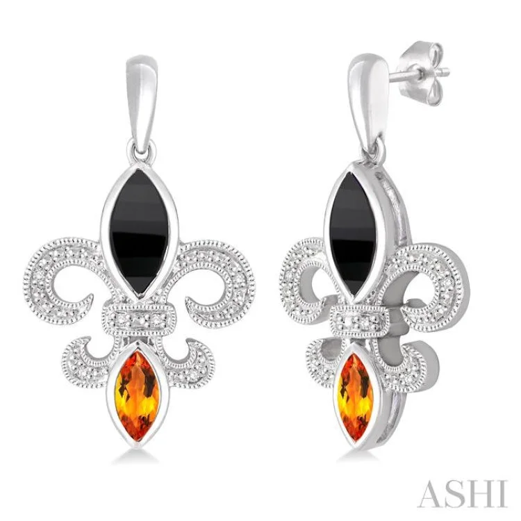 Women’s wedding earrings-8x4 MM Marquise Cut Onyx, 6x3 MM Marquise Cut Citrine and 1/20 Ctw Round Cut Diamond Fleur De Lis Earrings in Sterling Silver