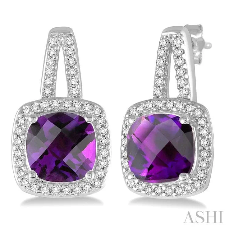 Women’s elegant earrings-7x7 MM Cushion Cut Amethyst and 1/4 Ctw Round Cut Diamond Earrings in 10K White Gold