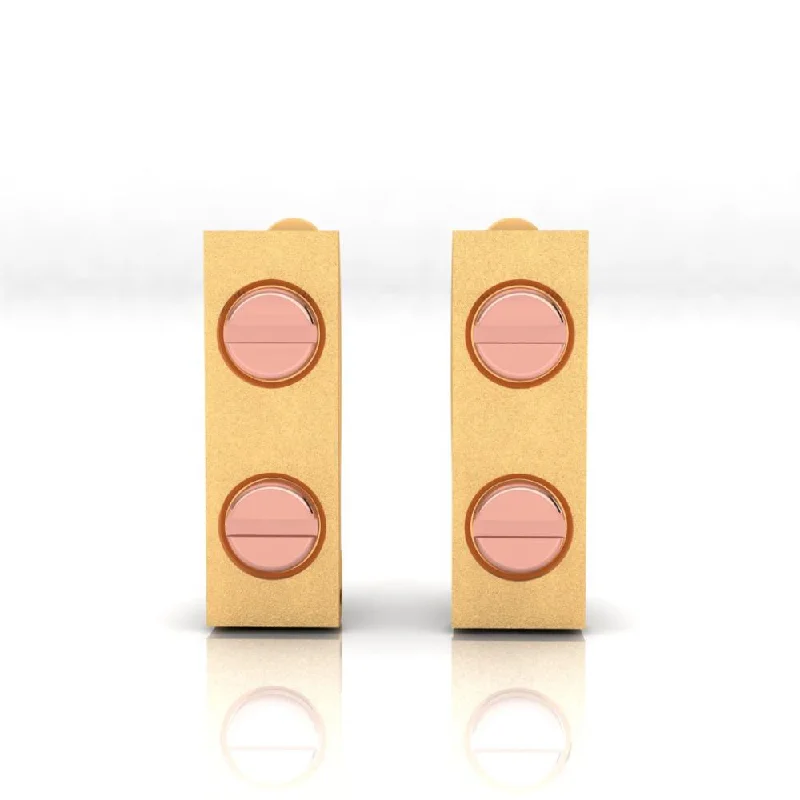 Women’s gold hoop earrings-18k Rectangle Shaped Gold Earrings With Two Yellow Gold Coloured Dots