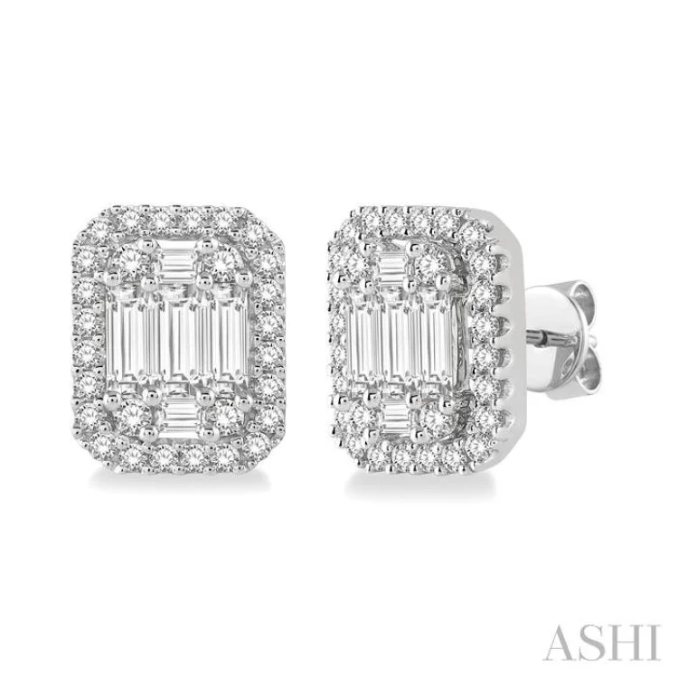 Women’s gold dangly earrings-3/8 Ctw Octagonal Baguette & Round Cut Diamond Stud Earrings in 14K White Gold