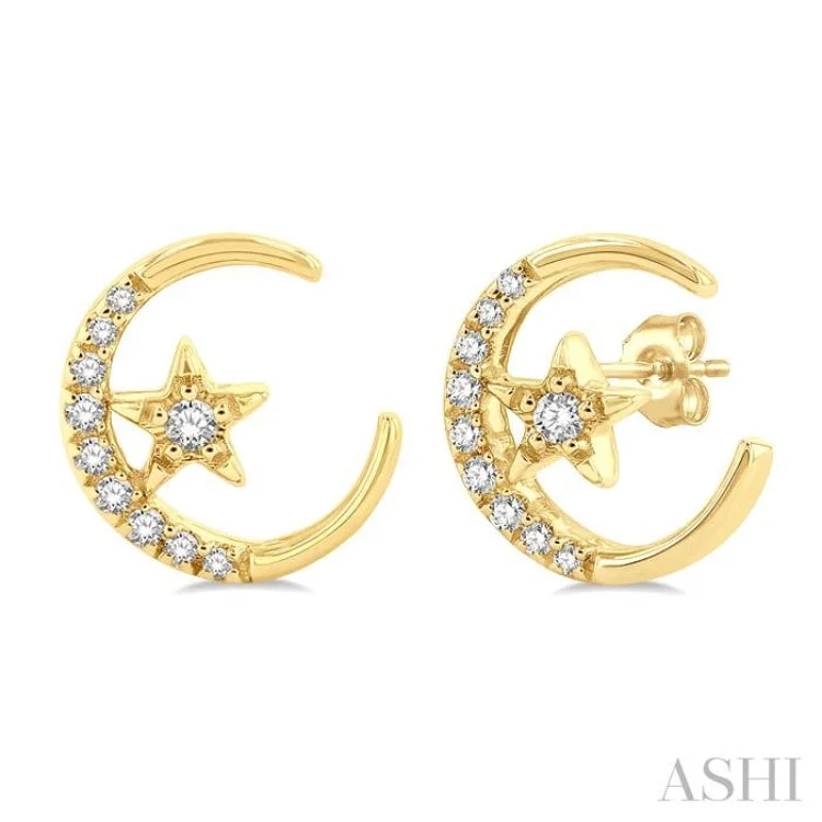 Women’s engagement earrings-1/10 ctw Crescent Moon and Star Round Cut Petite Diamond Fashion Stud Earring in 10K Yellow Gold