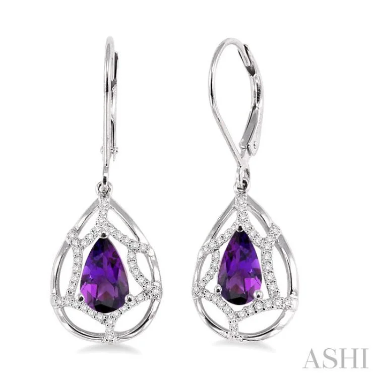 Women’s round hoop earrings-8x5mm Pear Shape Amethyst and 1/4 Ctw Round Cut Diamond Earrings in 14K White Gold