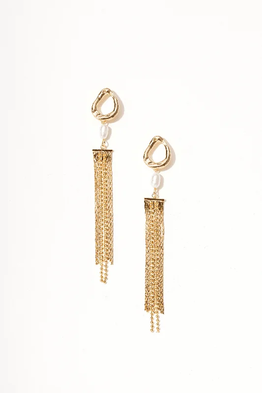 Women’s unique gold earrings-Pearl and 18K Gold Tassel Earrings