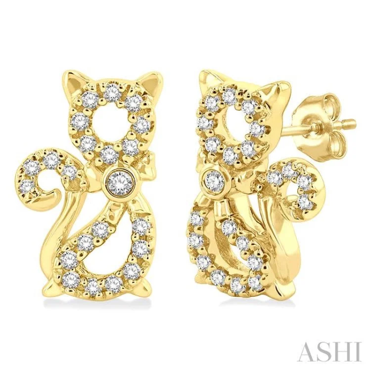 Women’s pearl earrings-1/8 ctw Petite Cat Motif Round Cut Diamond Fashion Stud Earring in 10K Yellow Gold