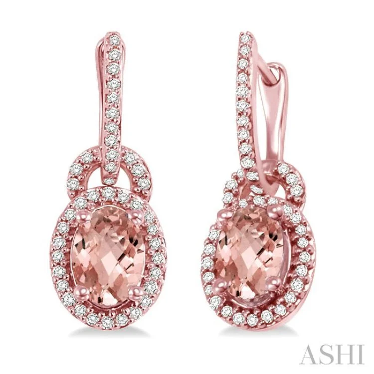 Women’s unique gold earrings-7x5mm Oval Cut Morganite and 1/3 Ctw Round Cut Diamond Earrings in 14K Rose Gold